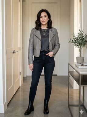 Massimo Dutti Gray Quilted Leather Moto Jacket